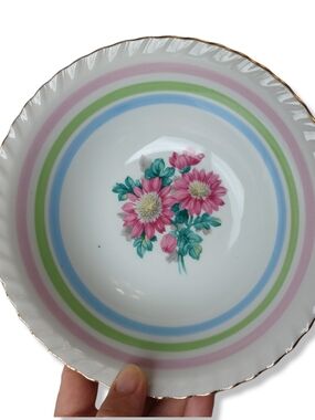 Vintage Small Serving Bowl Dish Dinnerware Servingware Pink Blue Green Gold Rim